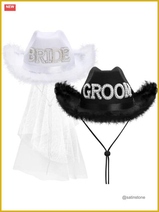 2 Pcs Bride & Groom Cowboy Hats with Veil and Feathers Wedding Party Costume